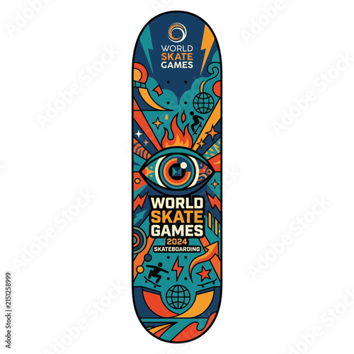 Skateboard deck vector illustration with colorful street art graphics isolated on transparent