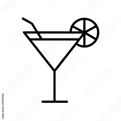 Martini glass with olive and straw on white - Clean black and white vector icon of a martini glass topped with an olive and a straw, minimalist and elegant design for use in graphic projects.