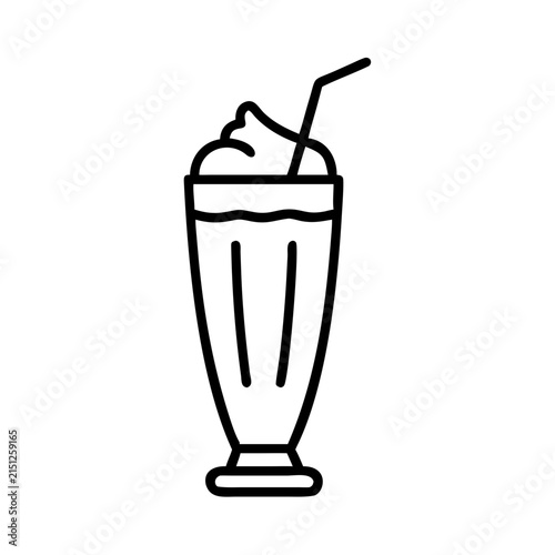 Delicious milkshake with whipped cream and straw - Simple black and white vector illustration of a creamy milkshake topped with whipped cream and a straw.