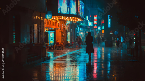 Woman silhouette night neon street rain wet pavement city lights reflection urban solitude walking coat moody loneliness evening blue orange bokeh downtown sidewalk illuminated cinematic poster