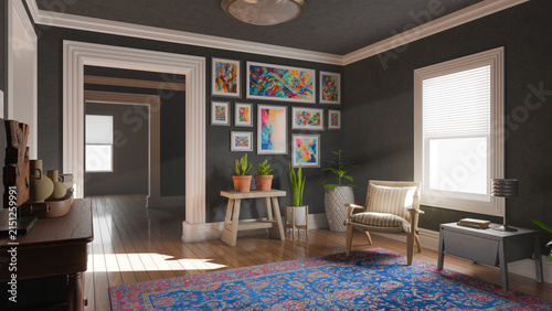A moody, dark-walled living room with a vibrant abstract gallery wall, wooden armchair, patterned rug, and potted plants, lit by soft window light
