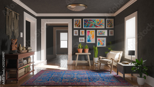 A moody, dark-walled living room with a vibrant abstract gallery wall, wooden armchair, patterned rug, and potted plants, lit by soft window light