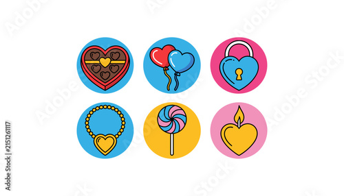  Romantic Valentine Heart Icon Set Featuring Love Lock, Balloons, Candy, Necklace, Lollipop, and Candle Symbols for Cards and Designs