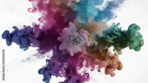 Dynamic explosion of vibrant multicolored ink clouds and sparkling glitter on a white background