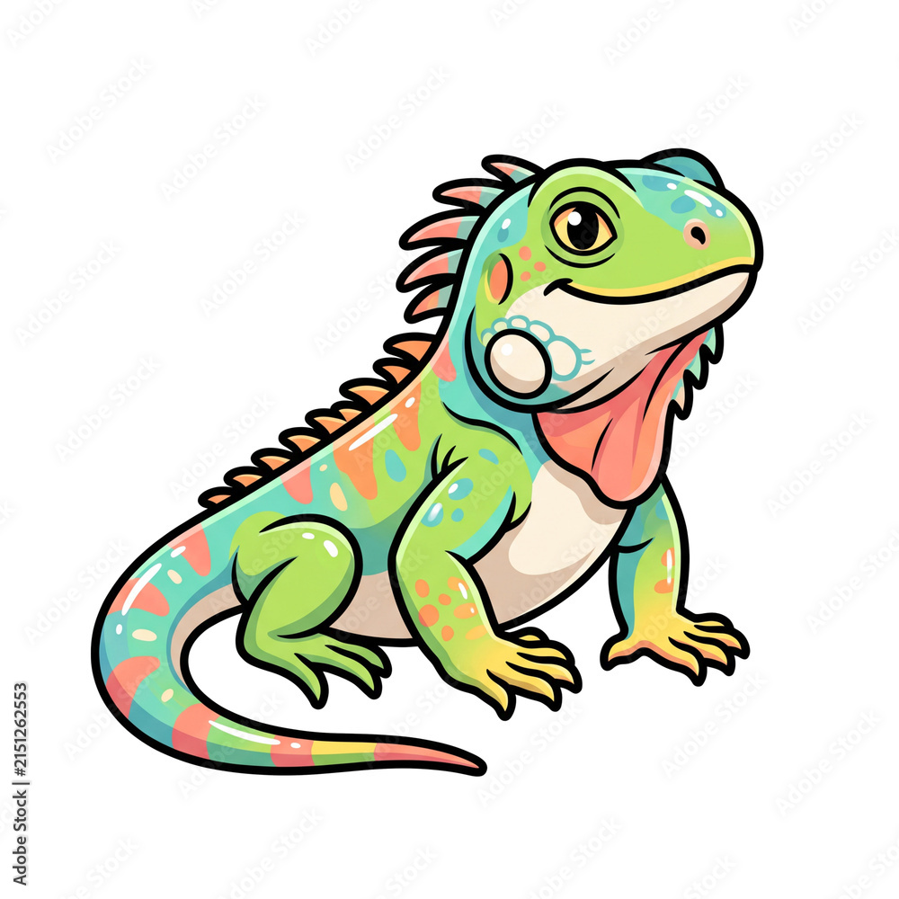Fototapeta premium Colorful Cartoon Iguana: A vibrant and whimsical iguana with a playful expression, rendered in a charming cartoon style, showcasing its unique color patterns and spiky dorsal crest.