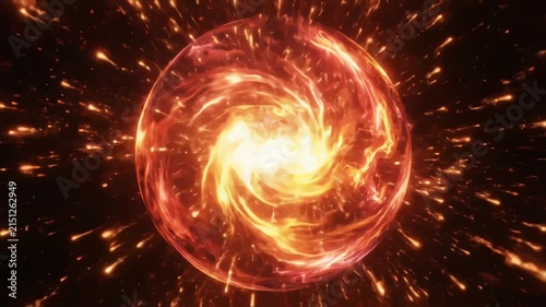  An abstract burning sphere of swirling fire and cosmic energy shooting solar flares into deep space