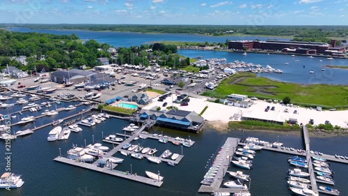 Barrington Yacht Club aerial view at Tyler Point in town of Barrington, Rhode Island RI, USA. Tyler Point located at the mouth of Palmer River into Barrington River. 