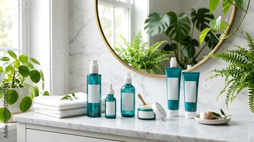 Beautiful luxurious skincare products are elegantly arranged on a bright white bathroom counter with lush green plants and soft natural light