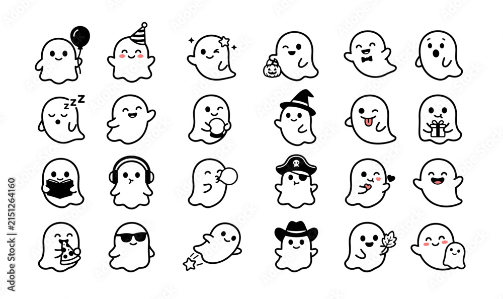 Fototapeta premium Cute Halloween Ghost Character Icon Set with Various Expressions and Costumes for Kids Party Favors, Stickers, and Festive Web Graphic Designs