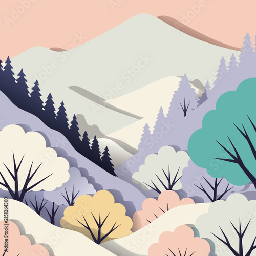 Pastel Mountain Landscape with Pine Trees and Forest Illustration
