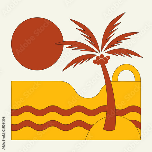 Retro Tropical Beach Sunset with Palm Tree and Waves Illustration