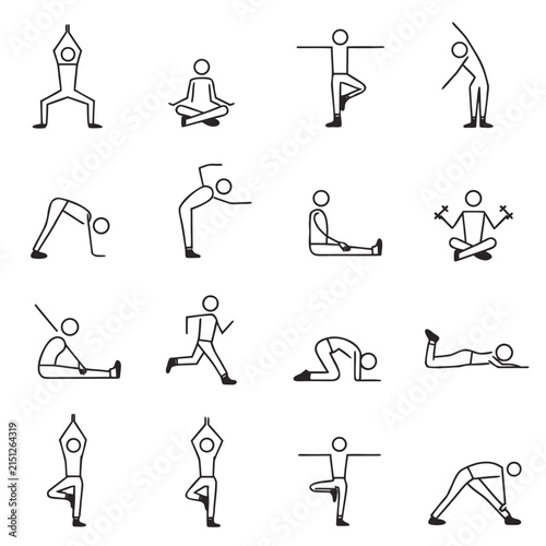 Yoga Pose Icon Set Fitness Exercise Stick Figure Illustration