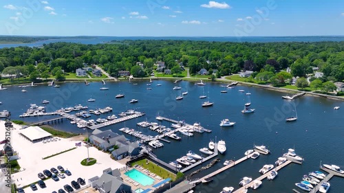 Yachts at Barrington Yacht Club aerial view on Barrington River in town of Barrington, Rhode Island RI, USA. 