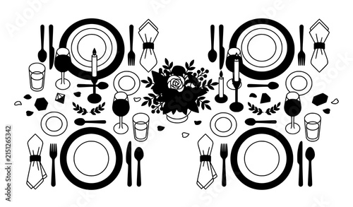 Elegant Romantic Dinner Table Setting Two Place Settings Editable Vector Illustration