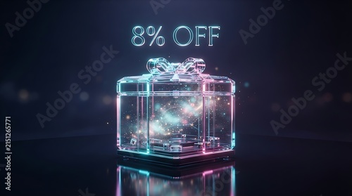 Glowing transparent 3D gift box with 2 percent off discount sign for retail sale promotion