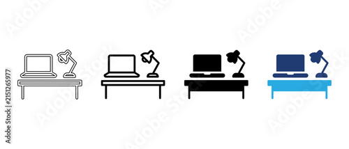 Laptop workspace desk with table lamp icon set, office study setup linear and solid vector illustration