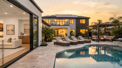 Luxury modern villa with expansive glass walls illuminated interior swimming pool and elegant outdoor lounge area at sunset in landscaped private courtyard
