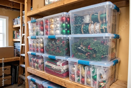 Bins filled with Christmas ornaments, ribbons, and garlands sit on wooden shelves. This room serves as a storage space for holiday items. The light comes from a nearby window