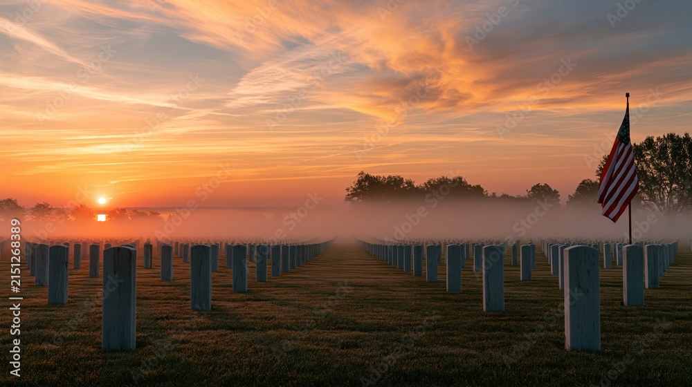Obraz premium American flag in a misty cemetery at sunrise with rows of headstones and dramatic sky