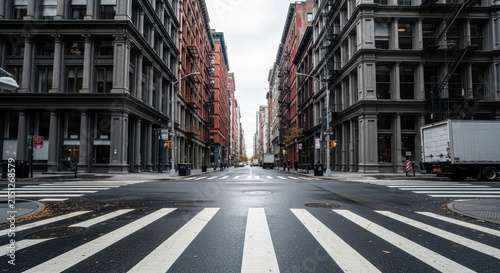 Empty New York City Street Intersection with Historic Cast Iron Buildings and Crosswalk in SoHo District
