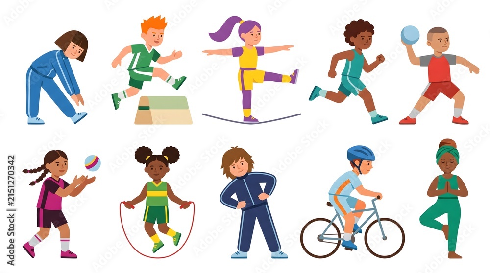 Fototapeta premium Modern Geometric Children Participating in Sports and Physical Education Activities Illustration Collection