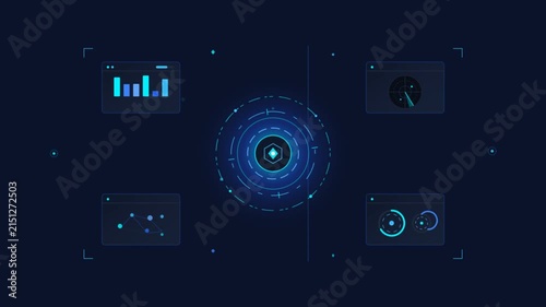 Futuristic HUD interface animation with glowing blue data charts and radar