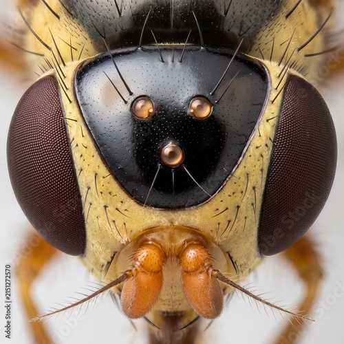Extreme macro of ocellar triangle and compound eyes on a yellow fly