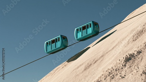 Clean conceptual render of two funicular cars balanced on a single incline in constant counterweight