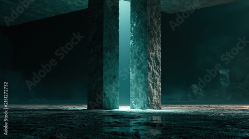Clean conceptual render of two stone columns growing steadily side by side on a plain plinth