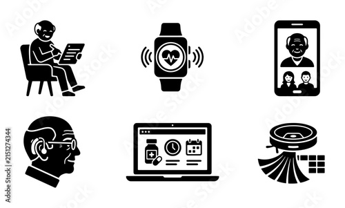 Senior Tech Icons: Smartwatch, Video Call, Laptop, Hearing Aid, Robot Vacuum, Tablet