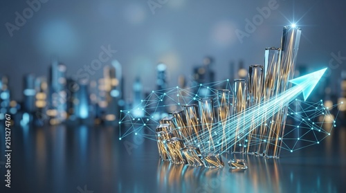 A professional 3d bar chart visualization with glowing data lines and a rising arrow, set against a blurred city skyline, symbolizing urban development, economic prosperity, and business growth.