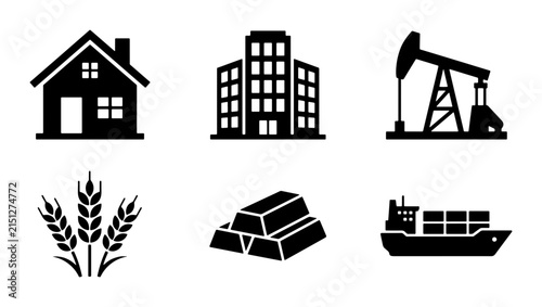 Industry Icons: House, Office Building, Oil Pump, Wheat, Gold Bars, Cargo Ship