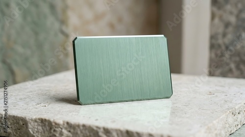 Green anodized metal business card standing on rough marble surface in bright neutral room.