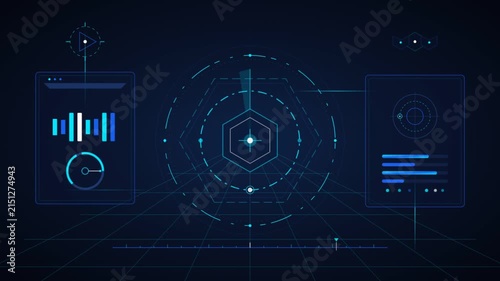Futuristic HUD interface with spinning circles and data graphs in cyberspace