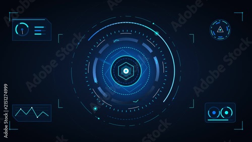 Futuristic HUD interface with spinning circles and data graphs on dark background