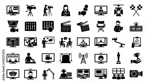 Television broadcasting and studio production solid icon set. Includes symbols for news, camera, microphone, and on air light for media industry and entertainment.