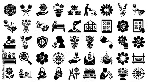 Flower and garden solid icon set. Includes symbols for rose, tulip, sunflower, and orchid for horticulture and plant care.