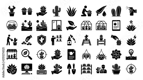 Cactus and succulent plants solid icon set. Includes symbols for saguaro, aloe vera, plant care, and gardening tools for horticulture and home decor.