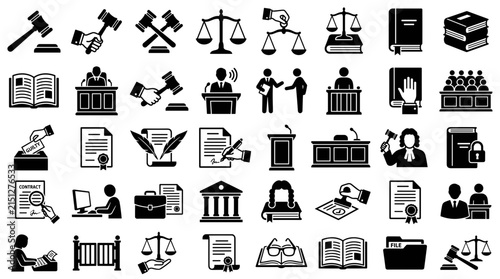 Law and justice solid icon set. Includes symbols for gavel, scales of justice, legal books, and courtroom for judicial system and legal services