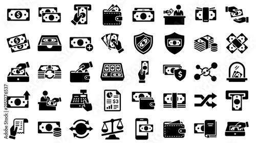 Cash transactions and financial management solid icon set. Includes symbols for currency, wallet, ATM, and shield for business accounting and digital payment.