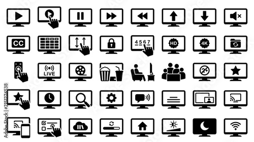Television streaming and viewer experience solid icon set. Includes symbols for playback, channels, settings, and content management for digital media and home entertainment.