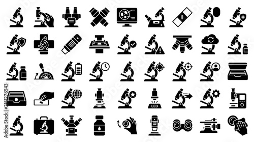 Microscope equipment and laboratory research solid icon set. Includes symbols for slide, lens, screen, and case for medical diagnostics and science study