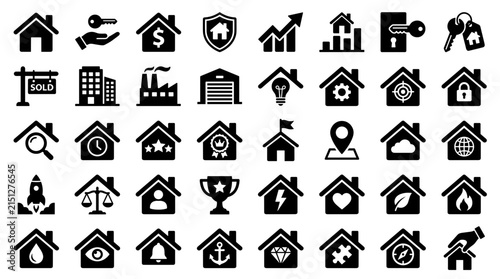 Real estate and housing solid icon set. Includes symbols for property key, investment, security, and smart home for residential services and urban development.