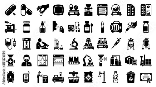 Pharmaceutical manufacturing and laboratory testing solid icon set. Includes symbols for pills, equipment, packaging, and safety for drug production and healthcare.