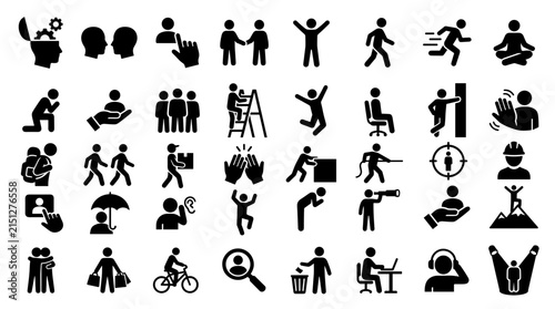 People activities and social interaction solid icon set. Includes symbols for idea generation, handshake, success, and digital work for business solutions and community building.