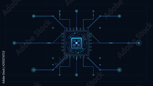 Futuristic microchip processor animation with glowing blue circuit lines and data flow
