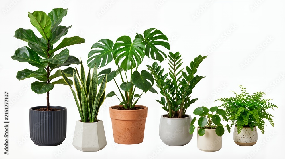 Fototapeta premium Variety of indoor green houseplants in stylish pots including Monstera and Snake Plant isolated on white