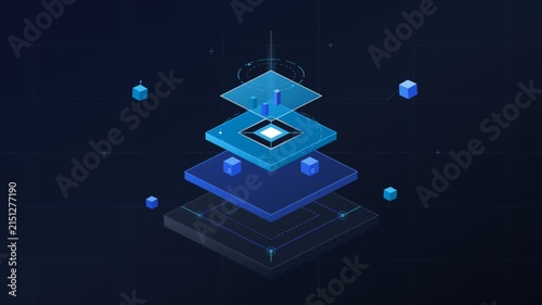 Futuristic technology concept featuring glowing data layers and floating blocks
