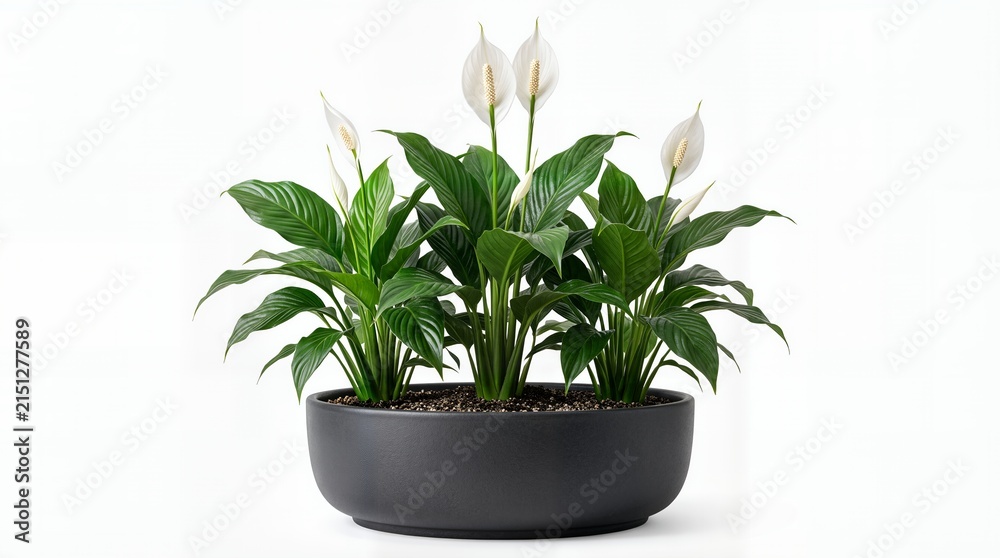 Fototapeta premium Potted Peace Lily Houseplant with White Flowers in Modern Black Bowl Isolated on White Background