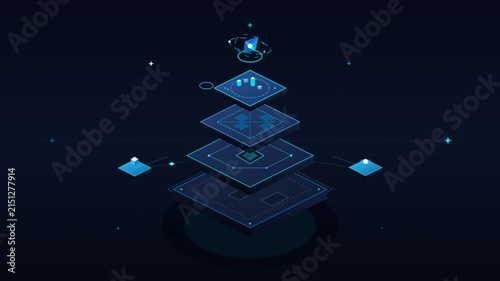 Isometric Data Architecture Layer Animation with Glowing Tech Elements